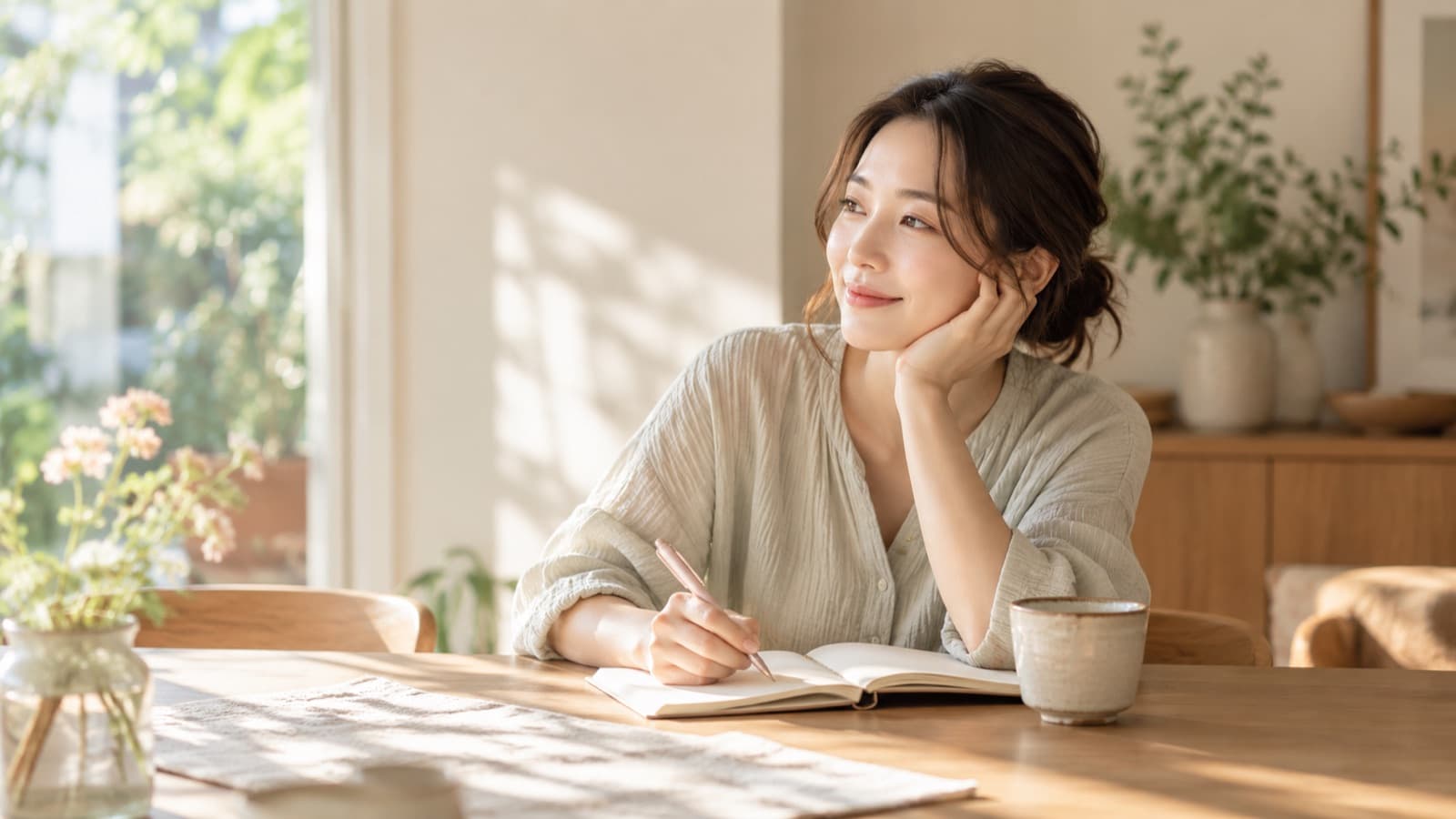自宅のテーブルでノートに書き込む女性のイメージ写真