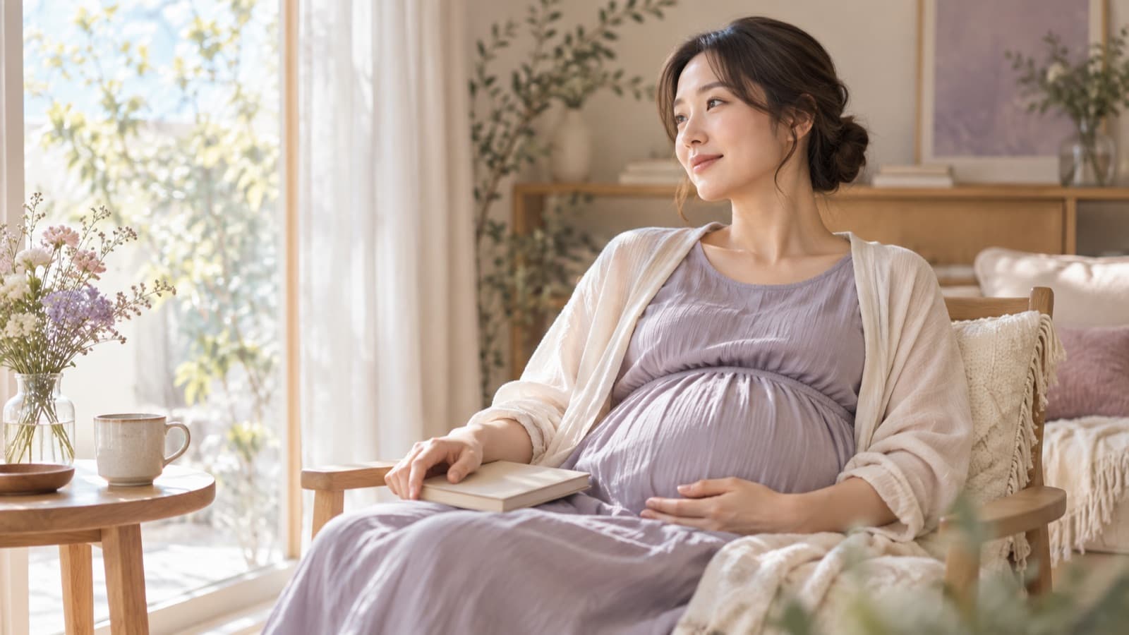窓辺でくつろぎながらお腹に手を添える妊婦のイメージ写真
